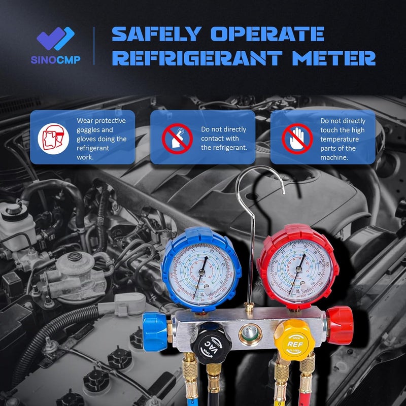 SINOCMP عدادات مجمع HVAC 4 طرق، لمجموعة إعادة شحن المبردات R32/R410A/R134A لمكيف الهواء، تشخيص A/C R22 R404A مع مجموعة أدوات الخراطيم - Image 5